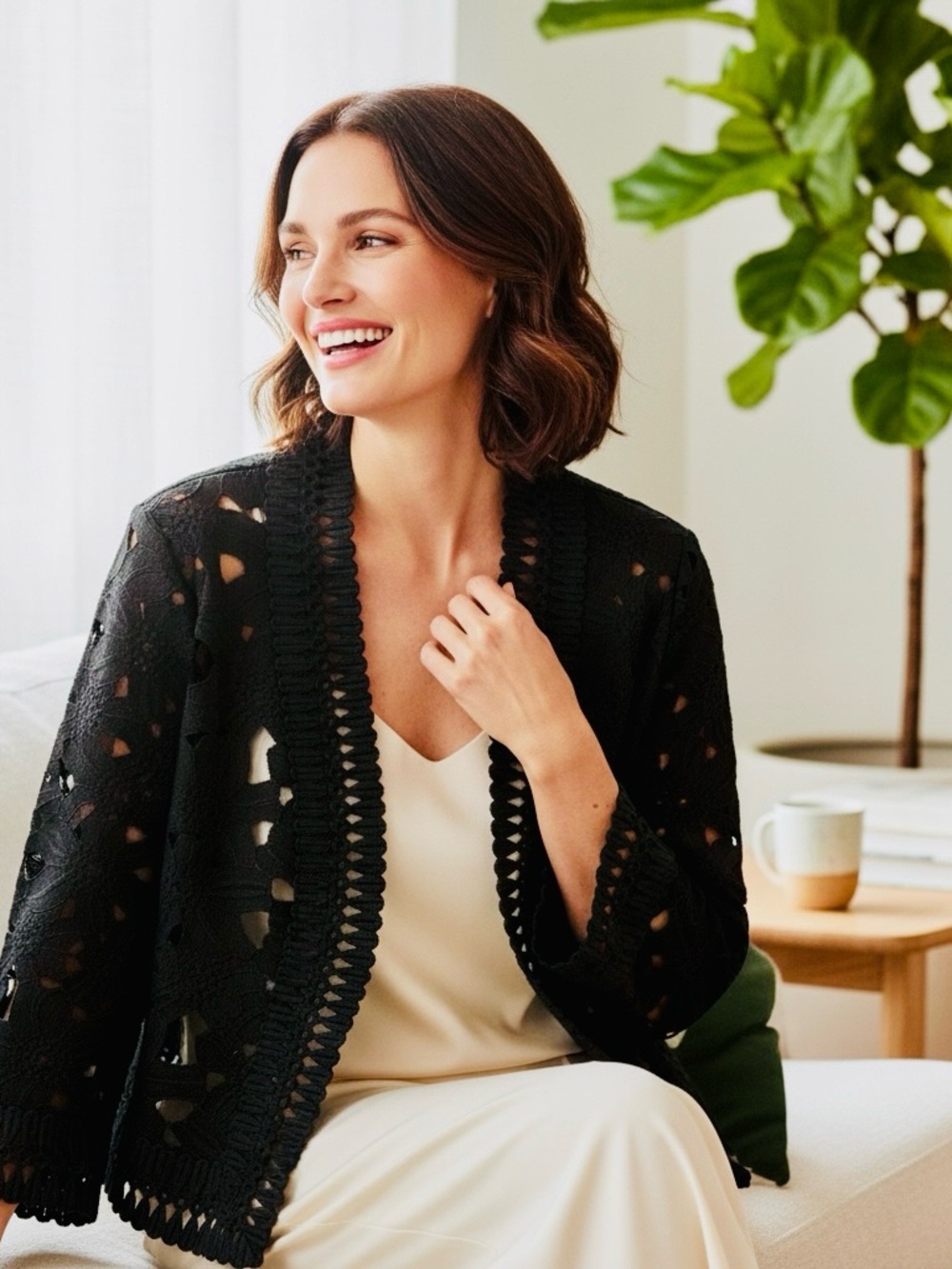 Peter Nygard Black Openwork Crochet Jacket
